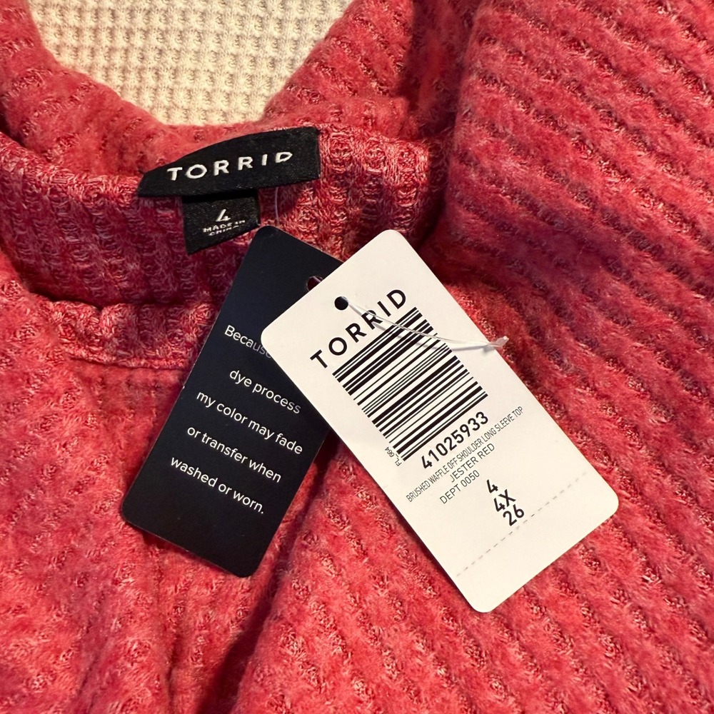 NWT Torrid BRUSHED WAFFLE OFF SHOULDER LONG SLEEVE TOP Blouse Short 4XL RED PINK - Picture 6 of 7